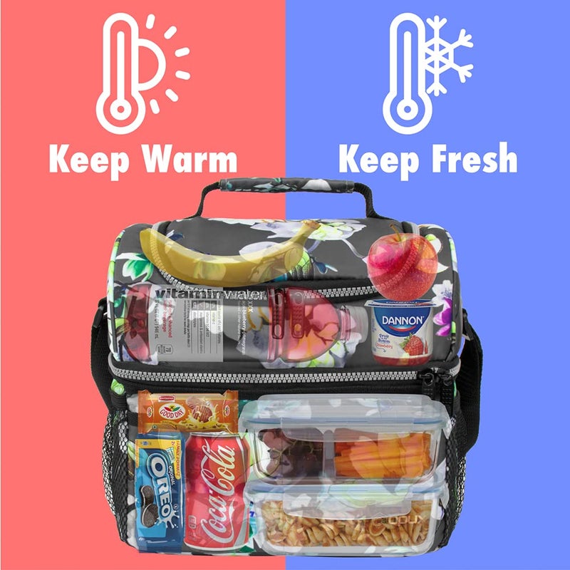 OPUX صندوق غداء OPUX للنساء، حقيبة غداء كبيرة معزولة للبالغين، صندوق غداء بطابقين لتحضير الوجبات، صندوق غداء مزدوج القسم مقاوم للتسرب، حقيبة غداء للفتيات والأطفال في المدرسة، رمادي مزهّر 16 علبة - Image 2